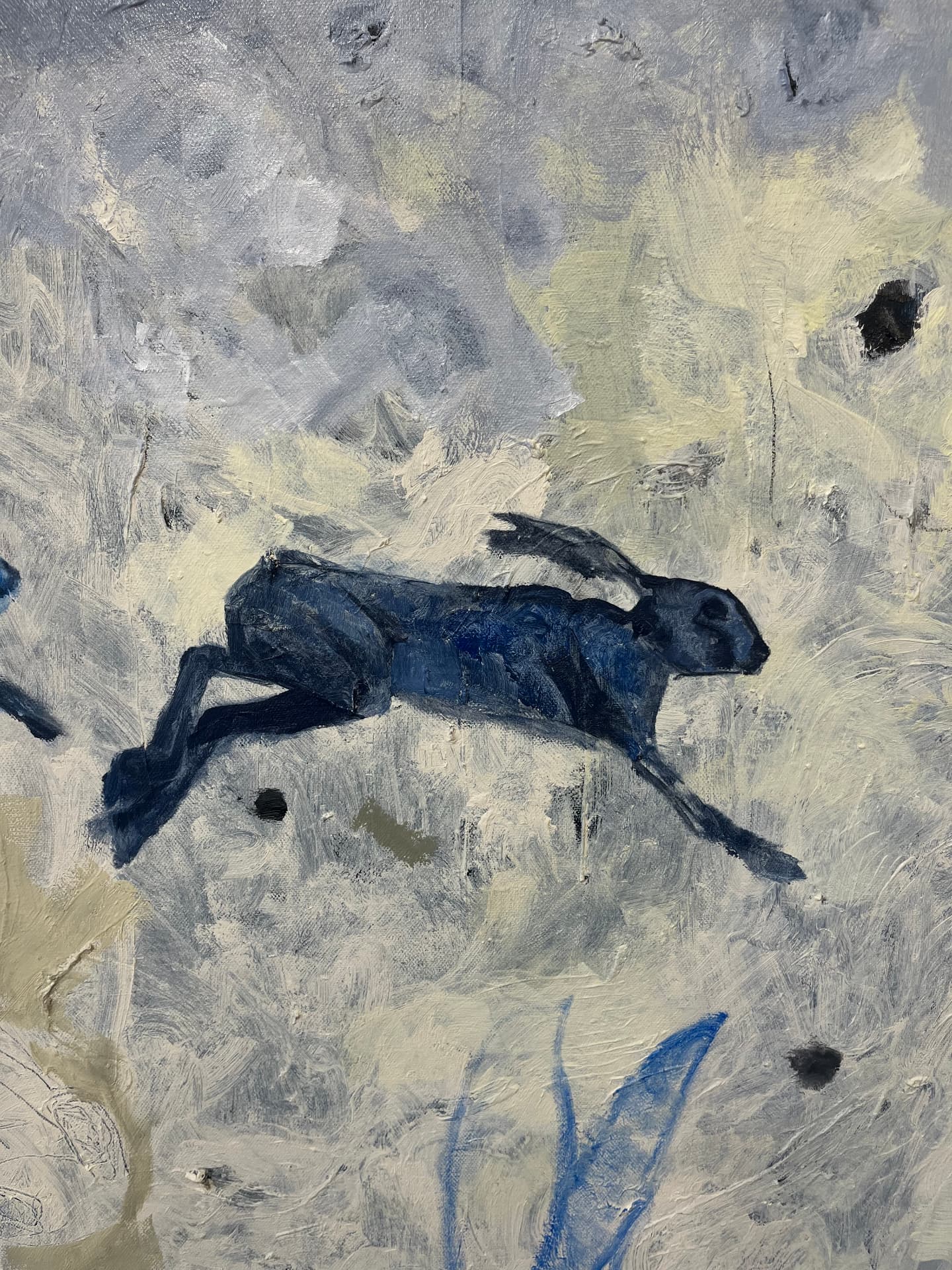 Oil painting of a dark blue hare leaping across a pale, textured white and grey winter meadow